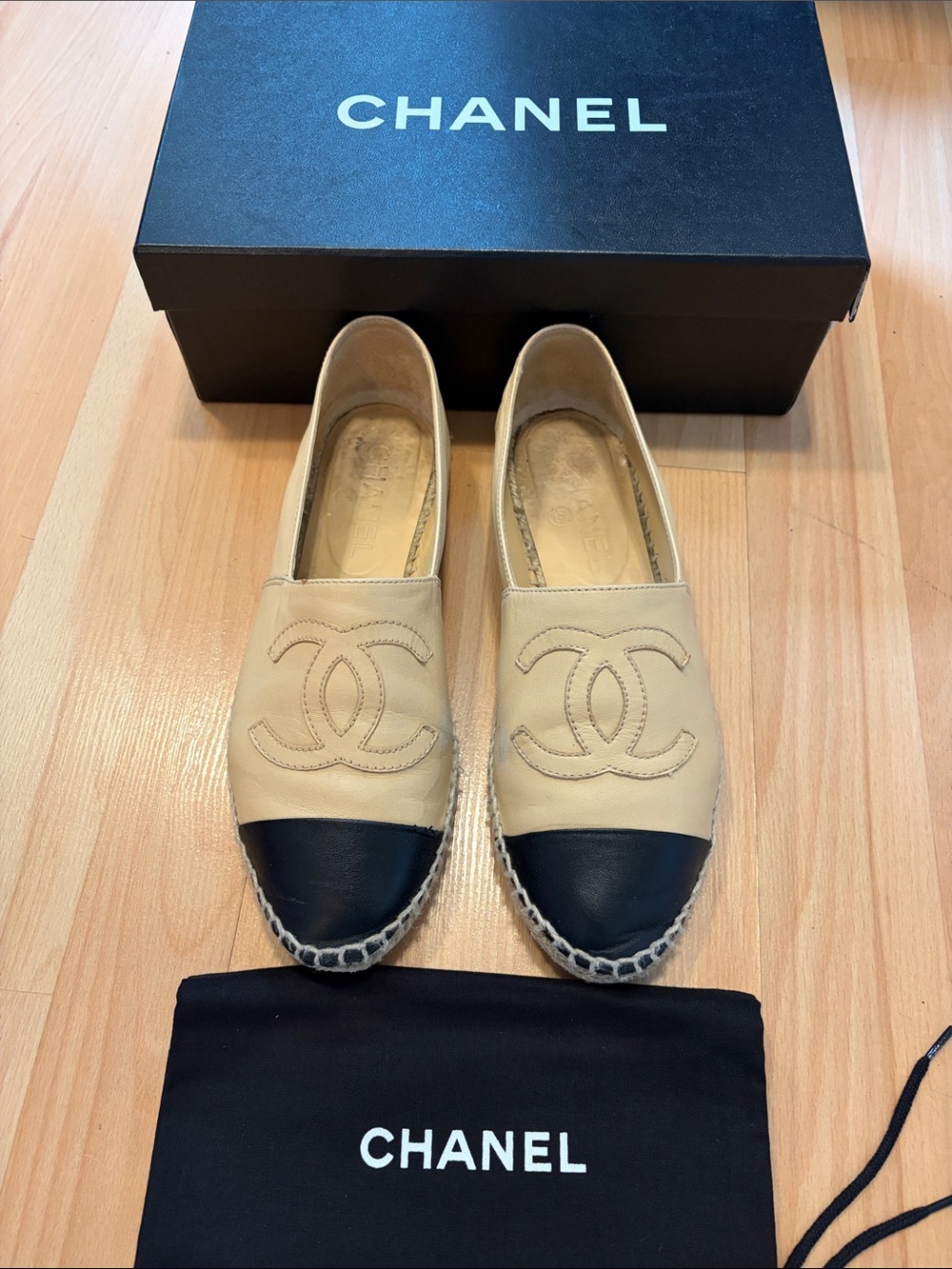 CHANEL Beige and Black Leather Espadrille Flats with CC Logo